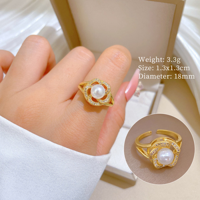 [Real Gold Plating] European and American Design Ins Style Geometric Diamond-Embedded Ball Ring Women's Cold Style Open Ring