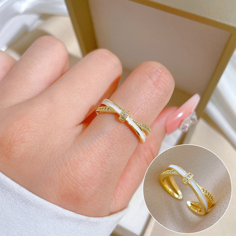 【Real Gold Plating】Open Oil Drop Cross Fashion Micro Inlay Light Luxury Ring Index Finger Ring Internet Celebrity Same Style Minimalist Style