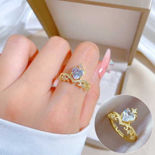 [Real Gold] Crown Heart Full Diamond Ring Adjustable Open Simple Hand Jewelry Japanese Style Couple Rings