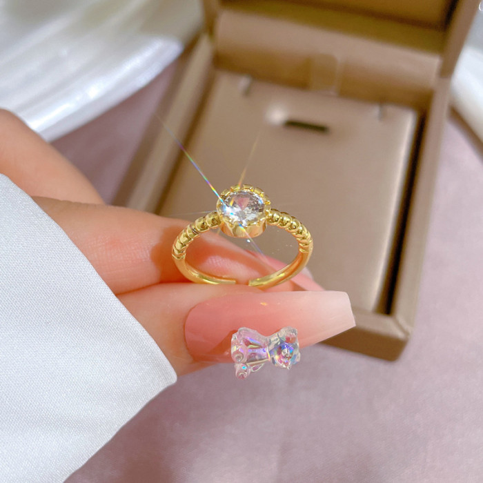 【Real Gold】Minimalist Style Zircon Simple Open Ring for Women, Korean and Japanese Niche Simple Design Index Finger Ring, Internet Celebrity