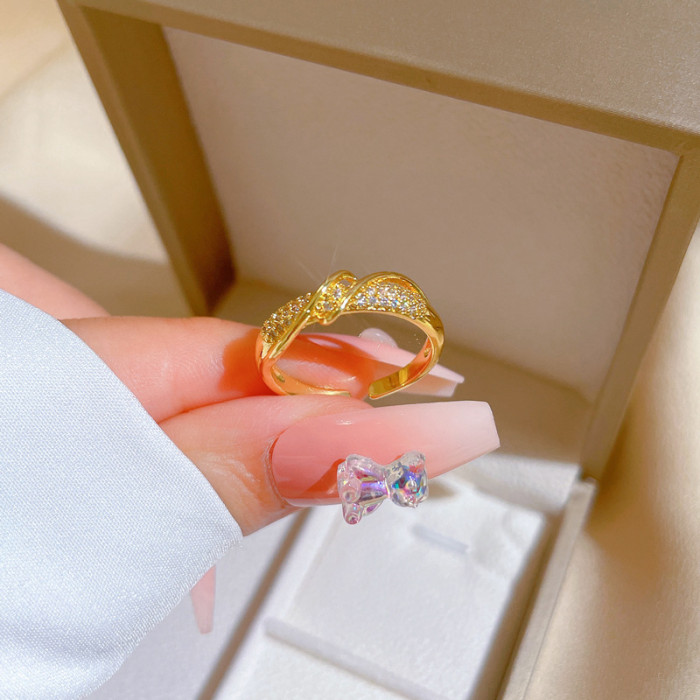 【Real Gold Plating】Open Twisted Women's Fashion Micro Inlaid Light Luxury Ring Index Finger Ring Internet Celebrity Same Style Minimalist Style