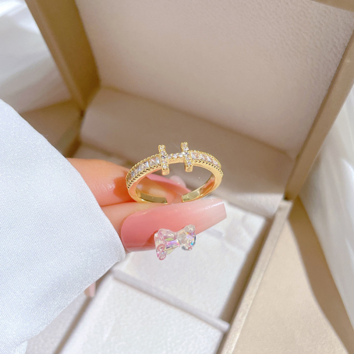 【Real Gold】Full Diamond H Wedding Ring Adjustable Open Ring Simple Hand Jewelry Japanese Style Couple Rings