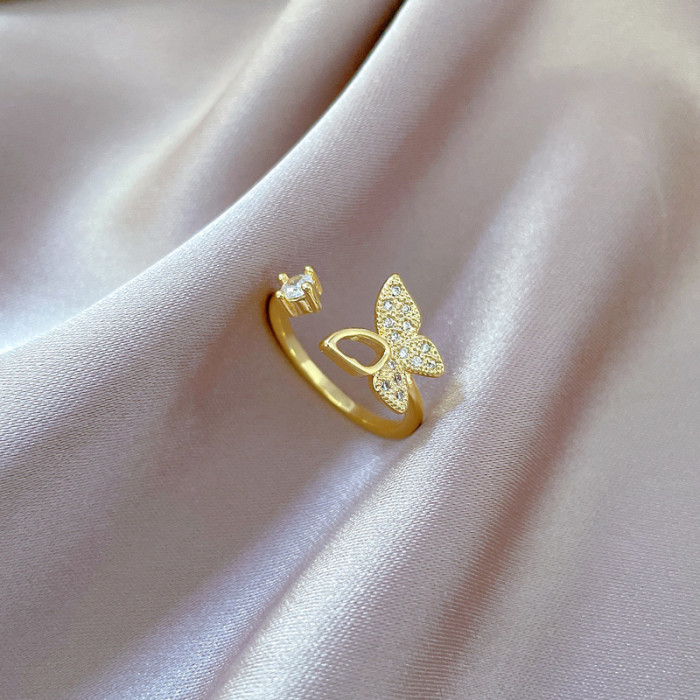 [Real Gold] Butterfly Full Diamond Ring Adjustable Open Simple Hand Jewelry Japanese Style Couple Rings