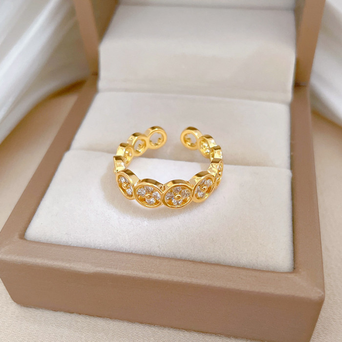 【Real Gold】Lucky Clover Full Diamond Ring Adjustable Open Simple Hand Jewelry Japanese Style Couple Rings