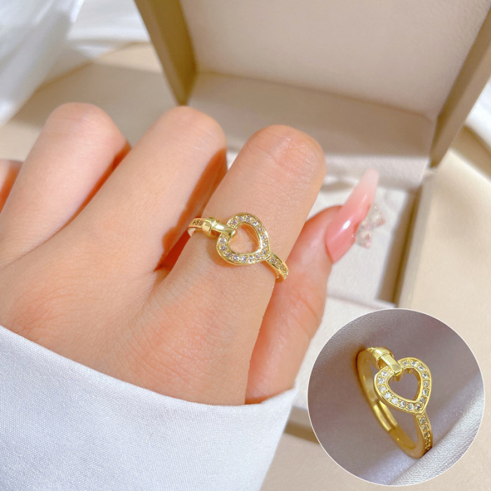 【Real Gold】Light Luxury Heart Full Diamond Ring Adjustable Open Simple Hand Jewelry Japanese Style Couple Rings