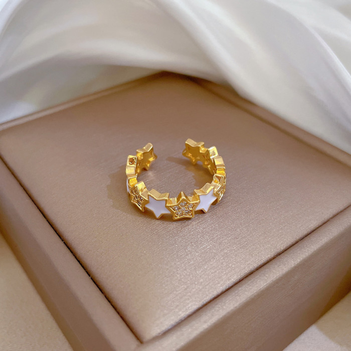 [Real Gold] Five-Pointed Star Micro-Inlaid Ring for Women, Adjustable Open Ring, TikTok Trending Jewelry