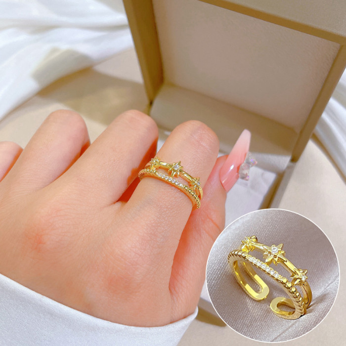 【Real Gold】Luxury Full Diamond Star Ring Adjustable Open Simple Hand Jewelry Japanese Style Couple Rings