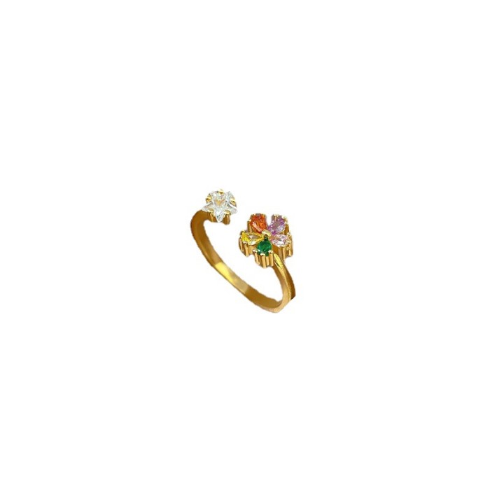 [Real Gold] Inlaid Diamond Flower Open Ring for Women, Korean and Japanese Niche Simple Design Index Finger Ring, Internet Celebrity Ring