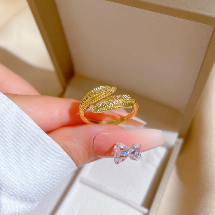 【Real Gold Plating】Open Leaf Women's Fashion Micro Inlay Light Luxury Ring Index Finger Ring Internet Celebrity Same Style Minimalist Style