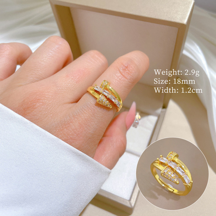 [Real Gold Plating] European and American Design Ins Style Geometric Diamond-Embedded Ball Ring Women's Cold Style Open Ring