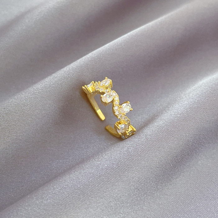 【Real Gold】Branch Zircon Fashion Ring Adjustable Open Simple Hand Jewelry Japanese Style Couple Rings