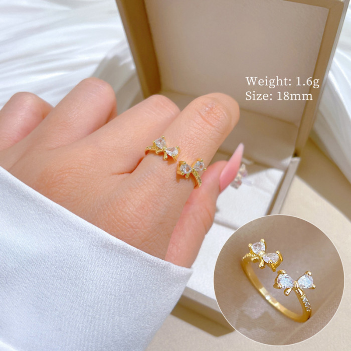 【Real Gold】Butterfly Knot Full Diamond Ring Adjustable Open Simple Hand Jewelry Japanese Style Couple Rings