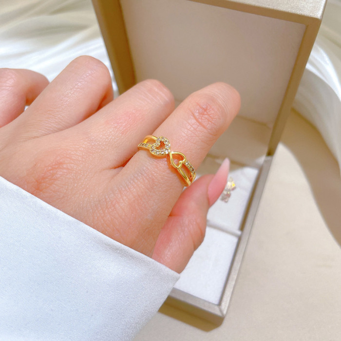 【Real Gold Plating】Heart to Heart Women's Fashion Micro Inlay Light Luxury Ring Index Finger Ring Internet Celebrity...