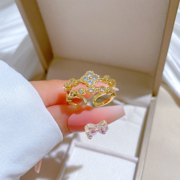 【Real Gold】Lucky Clover Full Diamond Ring Adjustable Open Simple Hand Jewelry Japanese Style Couple Rings