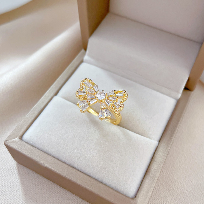 [Real Gold] Light Luxury Butterfly Zircon Ring Adjustable Open Simple Hand Jewelry Japanese Style Couple Rings