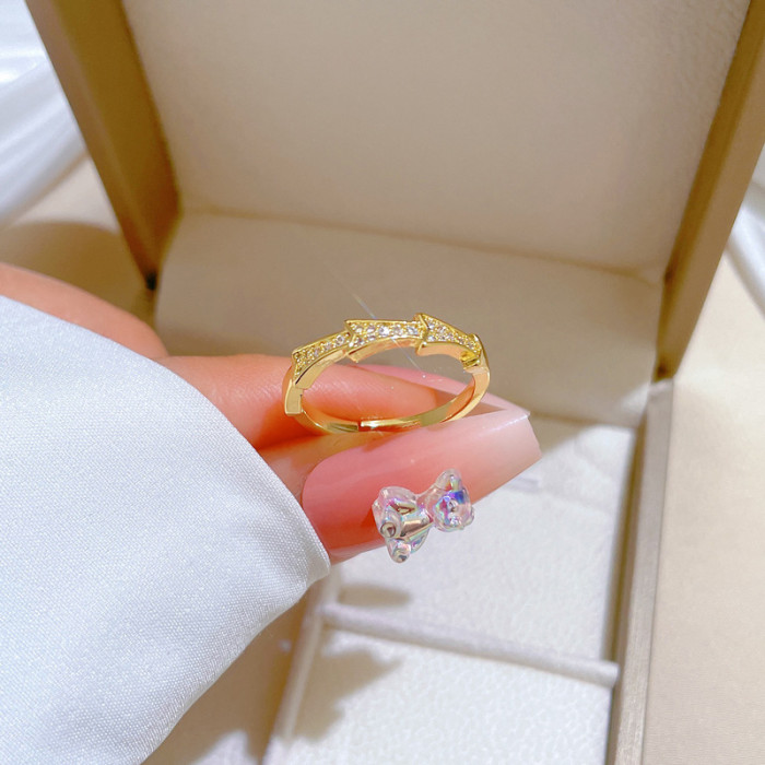 【Real Gold】Bamboo Joint Zircon Full Diamond Ring Adjustable Open Simple Hand Jewelry Japanese Style Couple Rings