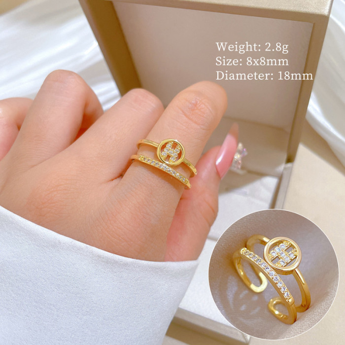 [Real Gold Plating] European and American Design Ins Style Geometric Diamond-Embedded Ball Ring Women's Cold Style Open Ring
