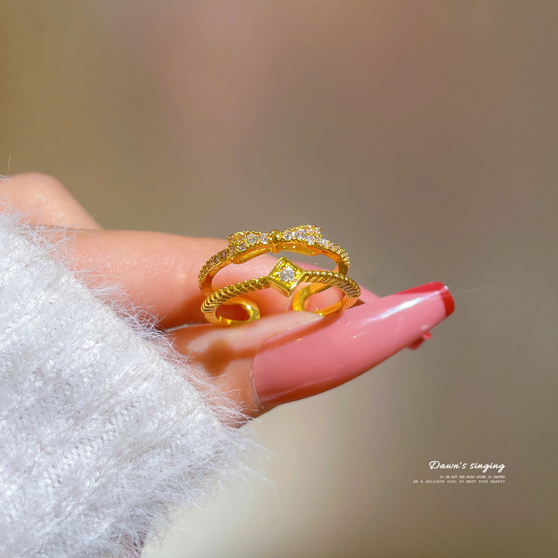 【Real Gold Plating】Open Ring Bowknot Personality Ring Index Finger Ring Internet Celebrity Same Style Simple Minimalist Style
