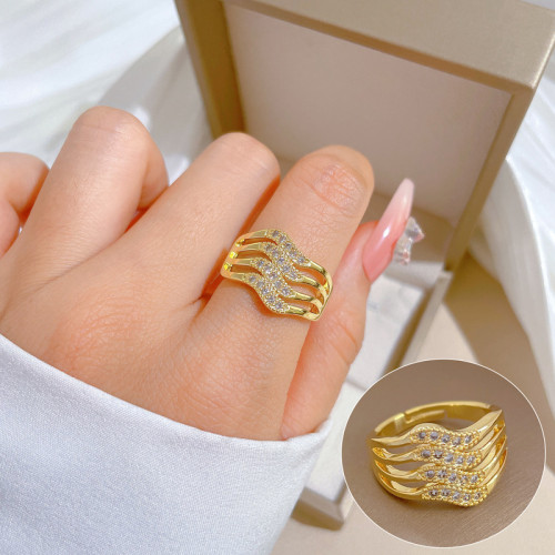 【Real Gold】Four-Layer Zircon Fashion Ring Adjustable Open Simple Hand Jewelry Japanese Style Couple Rings