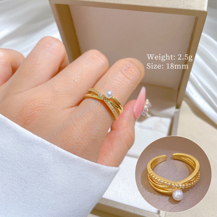 【Real Gold】Cross Pearl Full Diamond Ring Adjustable Open Simple Hand Jewelry Japanese Style Couple Rings