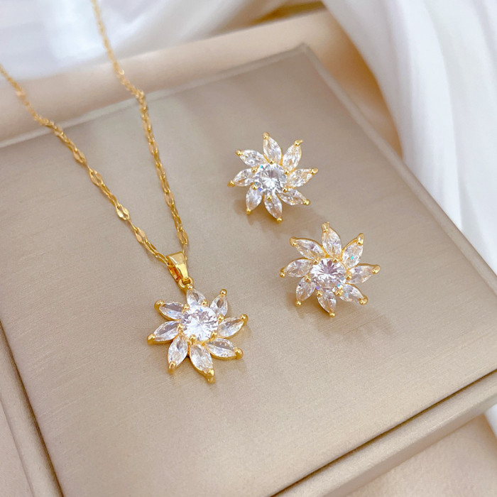 【Set】High-Quality Elegant Light Luxury Full Zircon Heavy Craft Real Gold Plated Copper Micro-Inlaid Earrings Necklace...