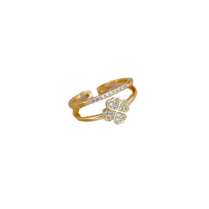 [Real Gold] Four-Leaf Flower Full Diamond Ring Adjustable Open Simple Hand Jewelry Japanese Style Couple Rings