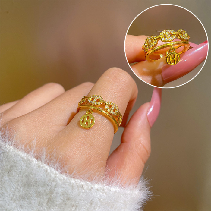 [Real Gold Plating] European and American Design Ins Style Geometric Diamond-Embedded Ball Ring Women's Cold Style Open Ring