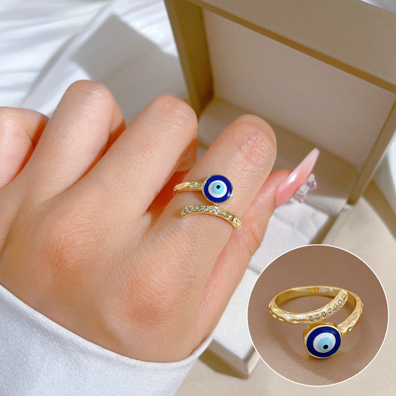 【Real Gold】Eye Zircon Ring Adjustable Open Simple Hand Jewelry Japanese Style Couple Rings