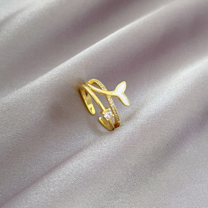 【Real Gold】Mermaid Tail Fashion Ring Adjustable Open Simple Hand Jewelry Japanese Style Couple Rings