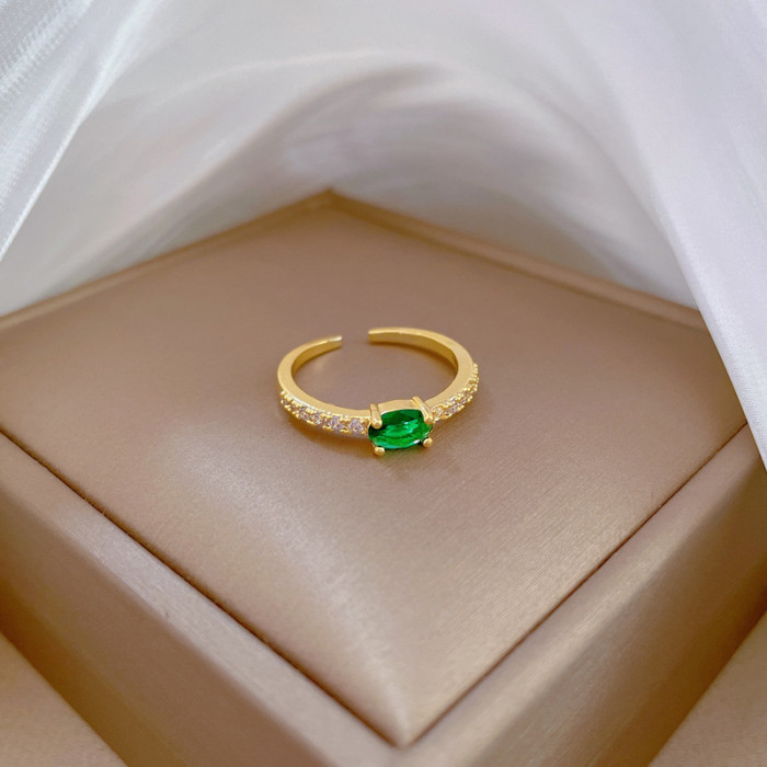 [Real Gold] Green Zircon Ring Adjustable Open Simple Hand Jewelry Japanese Style Couple Rings