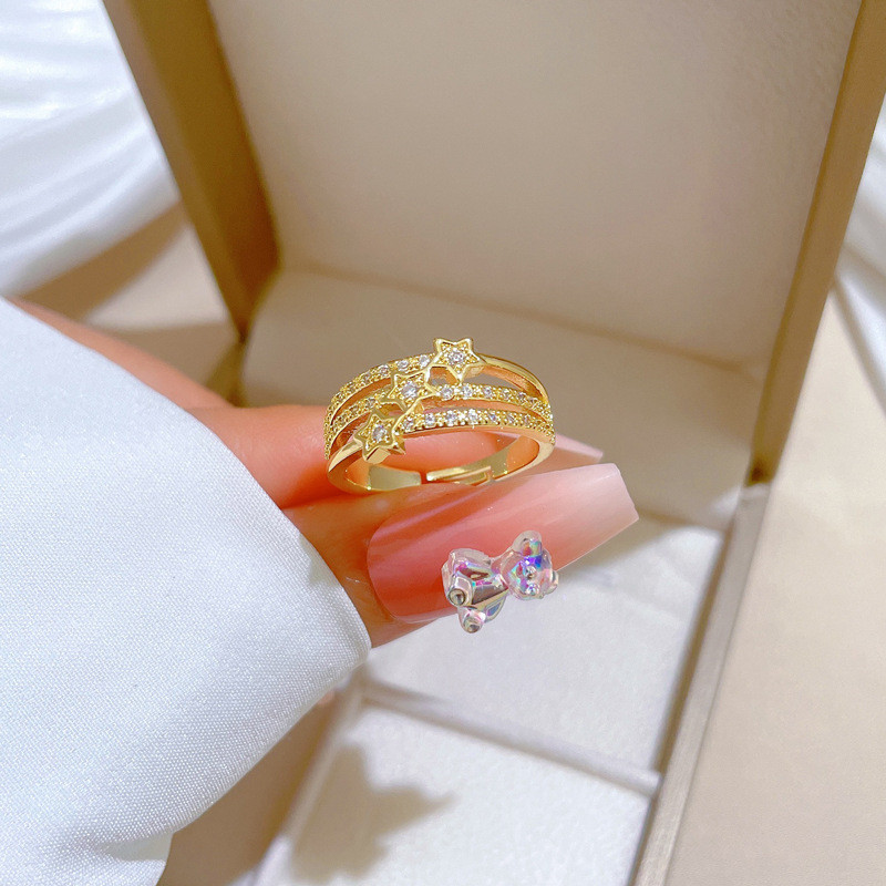 [Real Gold] Three-Layer Star Full Diamond Ring Adjustable Open Simple Hand Jewelry Japanese Style Couple Rings