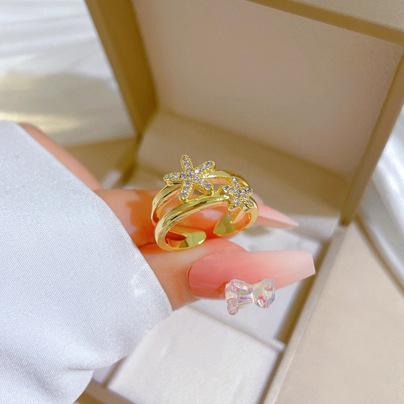 【Real Gold Plating】Open Starfish Women's Fashion Micro Inlay Light Luxury Ring Index Finger Ring Internet Celebrity Same Style Minimalist Style