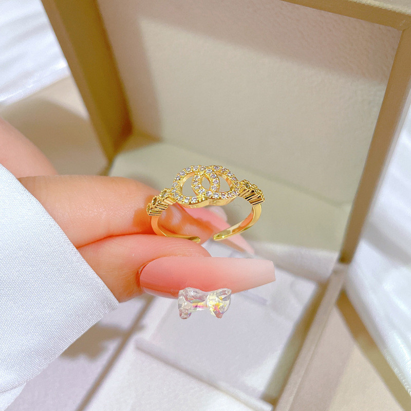 【Real Gold Plating】Open Double Ring Chanel Fashion Micro Inlay Light Luxury Ring Index Finger Ring Internet Celebrity Same Style Minimalist Style