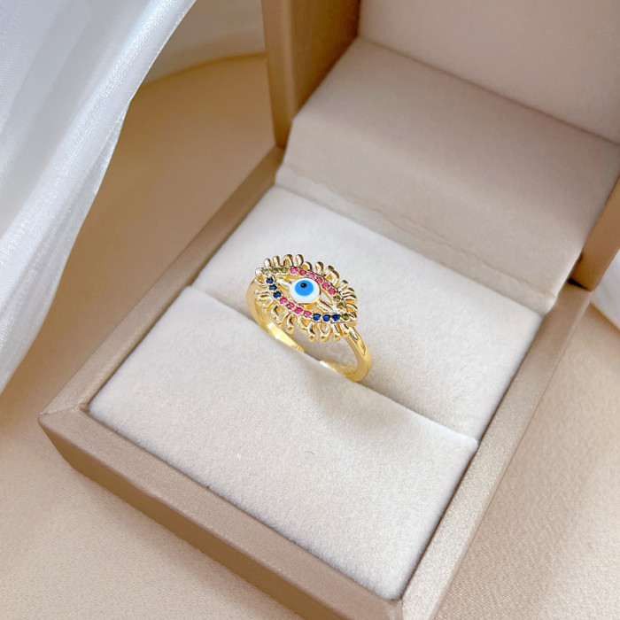 【Real Gold】Devil's Eye Zircon Ring Adjustable Open Simple Hand Jewelry Japanese Style Couple Rings