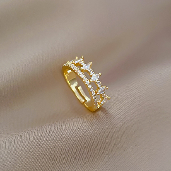 【Real Gold】Full Diamond Double Layer Wedding Ring Adjustable Open Ring Simple Hand Jewelry Japanese Style Couple Rings