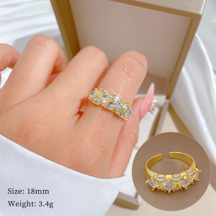 [Real Gold Plating] European and American Design Ins Style Geometric Diamond-Embedded Ball Ring Women's Cold Style Open Ring