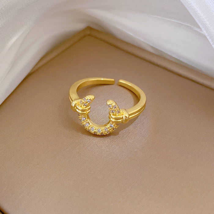 【Real Gold】Crescent Moon Full Diamond Ring Adjustable Open Simple Hand Jewelry Japanese Style Couple Rings