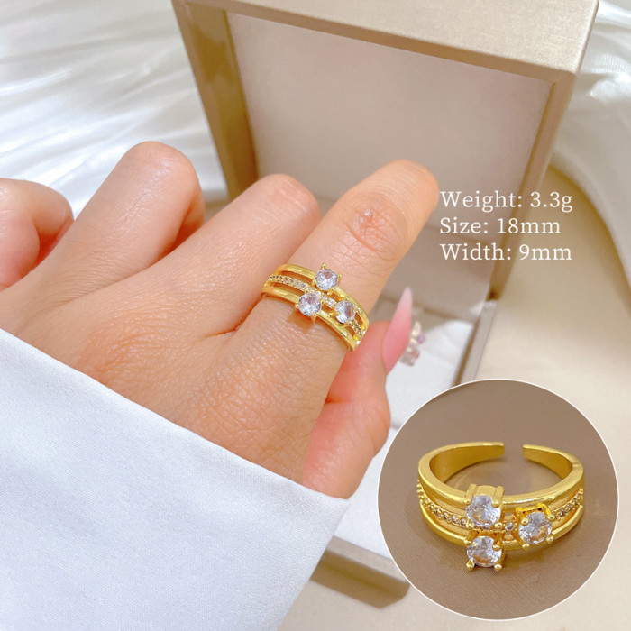[Real Gold Plating] European and American Design Ins Style Geometric Diamond-Embedded Ball Ring Women's Cold Style Open Ring