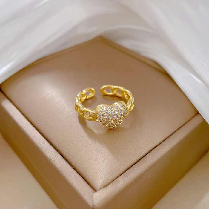 【Real Gold Plating】Open Heart Zircon Fashion Micro Inlay Light Luxury Ring Index Finger Ring Internet Celebrity Same Style Minimalist Style