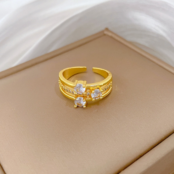 [Gold-Plated]Luxury Fully Stone-Set Three-Layer Ring Adjustable Open Simple Hand Jewelry Japanese Style Couple Rings