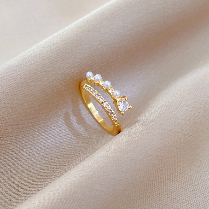 【Real Gold】Pearl Zircon Fashion Ring Adjustable Open Simple Hand Jewelry Japanese Style Couple Rings