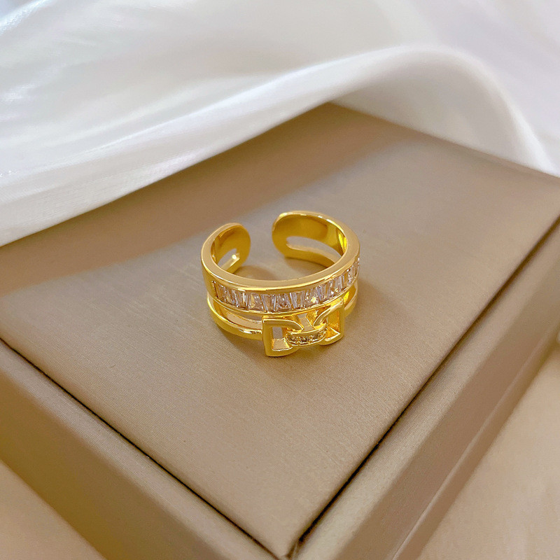 【Real Gold Plating】Open Bowknot Women's Fashion Micro Inlay Light Luxury Ring Index Finger Ring Internet Celebrity Same Style Minimalist Style