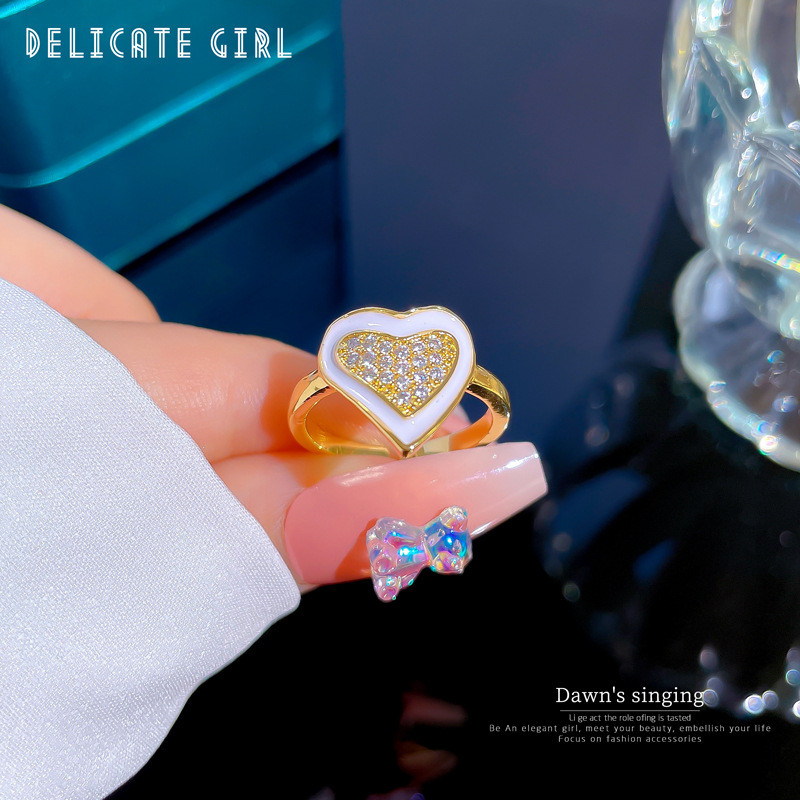 【Real Gold】Oil Drop Heart Full Diamond Ring Adjustable Open Simple Hand Jewelry Japanese Style Couple Rings