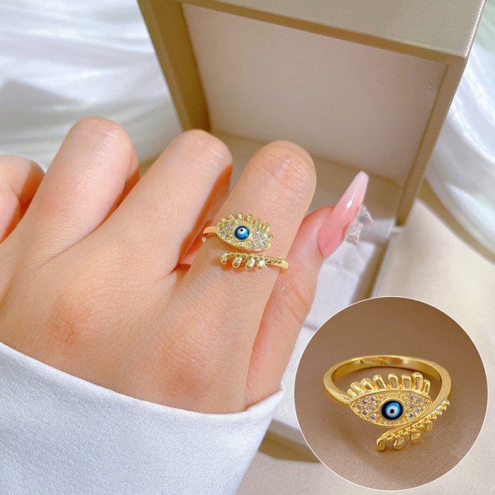 [Gold-Plated]Light Luxury Fully Stone-Set Eye Ring Adjustable Open Simple Hand Jewelry Japanese Style Couple Rings