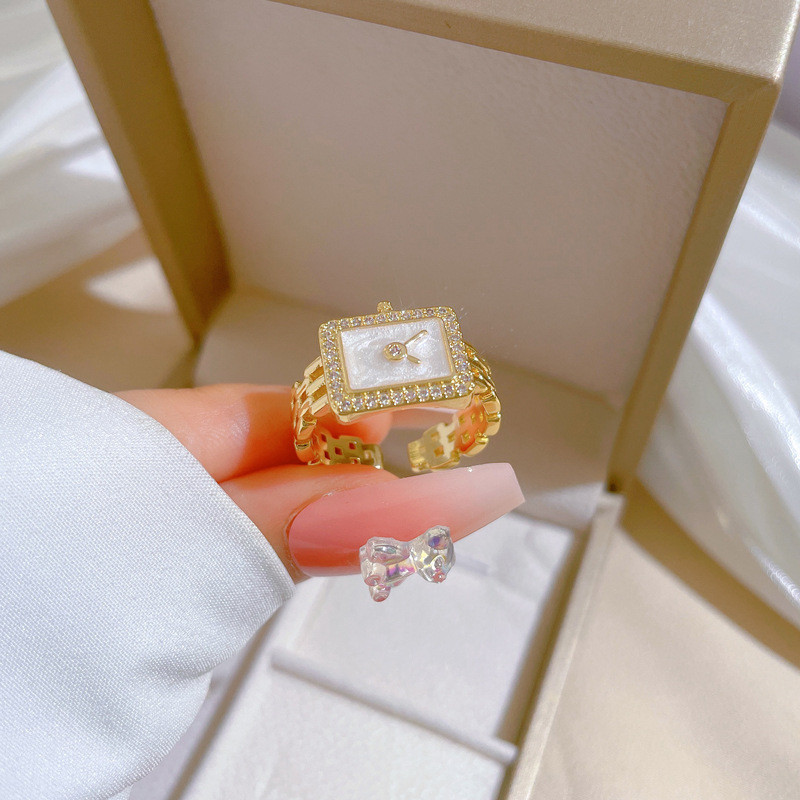 【Real Gold】Watch Zircon Ring Adjustable Open Simple Hand Jewelry Japanese Style Couple Rings