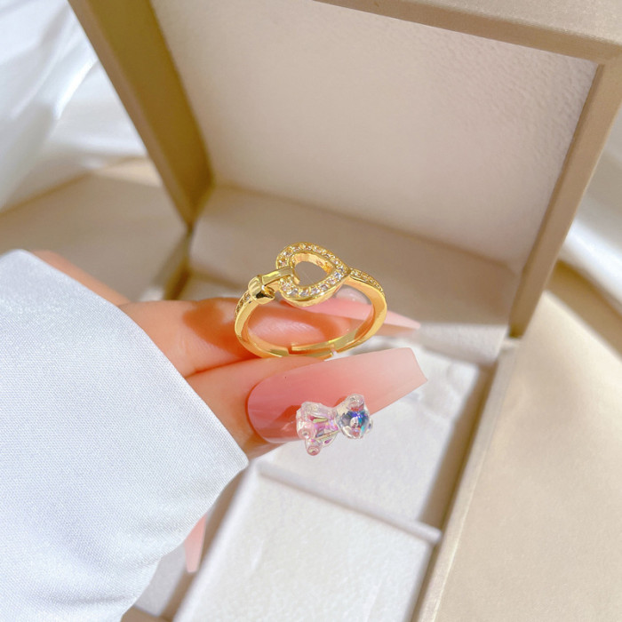 【Real Gold】Light Luxury Heart Full Diamond Ring Adjustable Open Simple Hand Jewelry Japanese Style Couple Rings