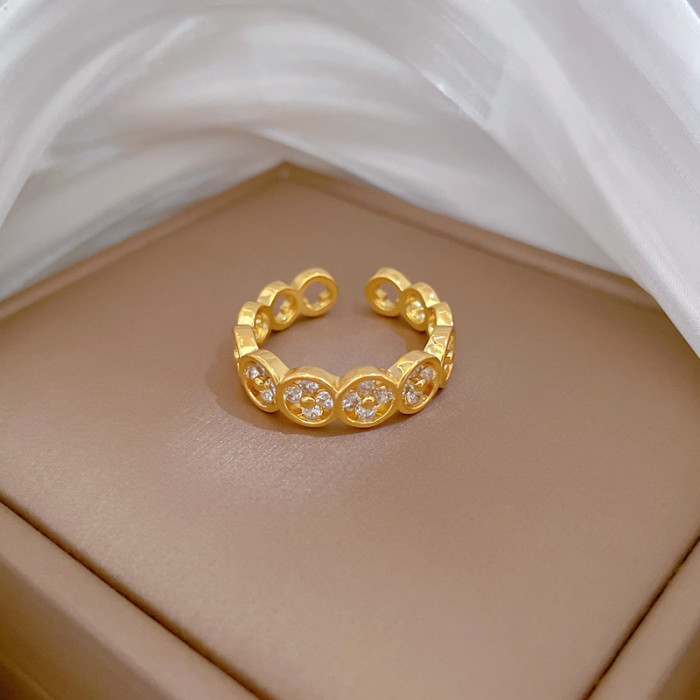 【Real Gold】Lucky Clover Full Diamond Ring Adjustable Open Simple Hand Jewelry Japanese Style Couple Rings