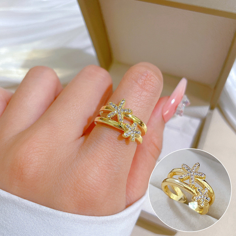 【Real Gold Plating】Open Starfish Women's Fashion Micro Inlay Light Luxury Ring Index Finger Ring Internet Celebrity Same Style Minimalist Style