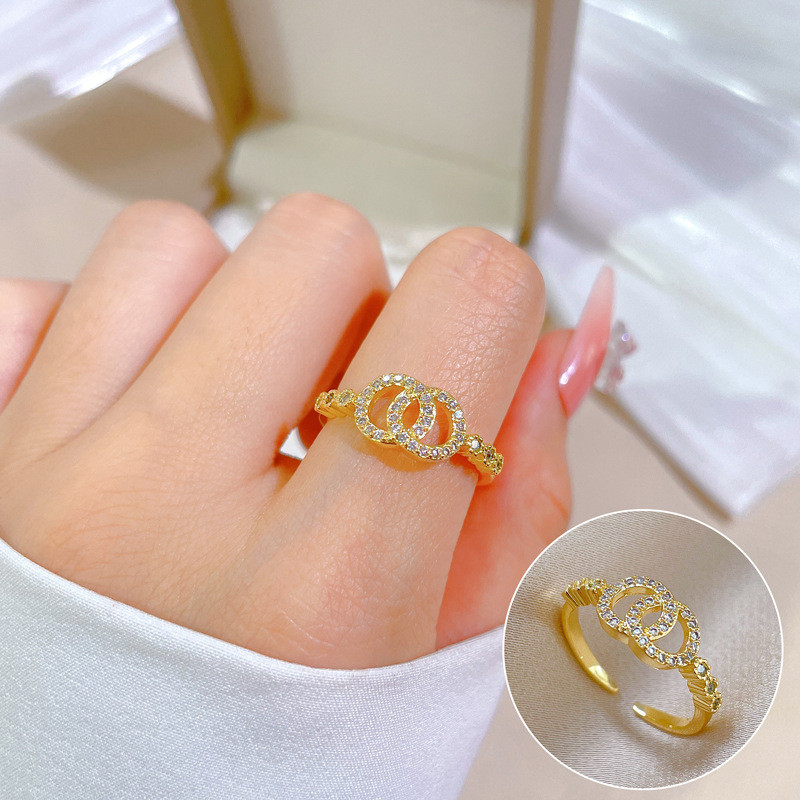 【Real Gold Plating】Open Double Ring Chanel Fashion Micro Inlay Light Luxury Ring Index Finger Ring Internet Celebrity Same Style Minimalist Style