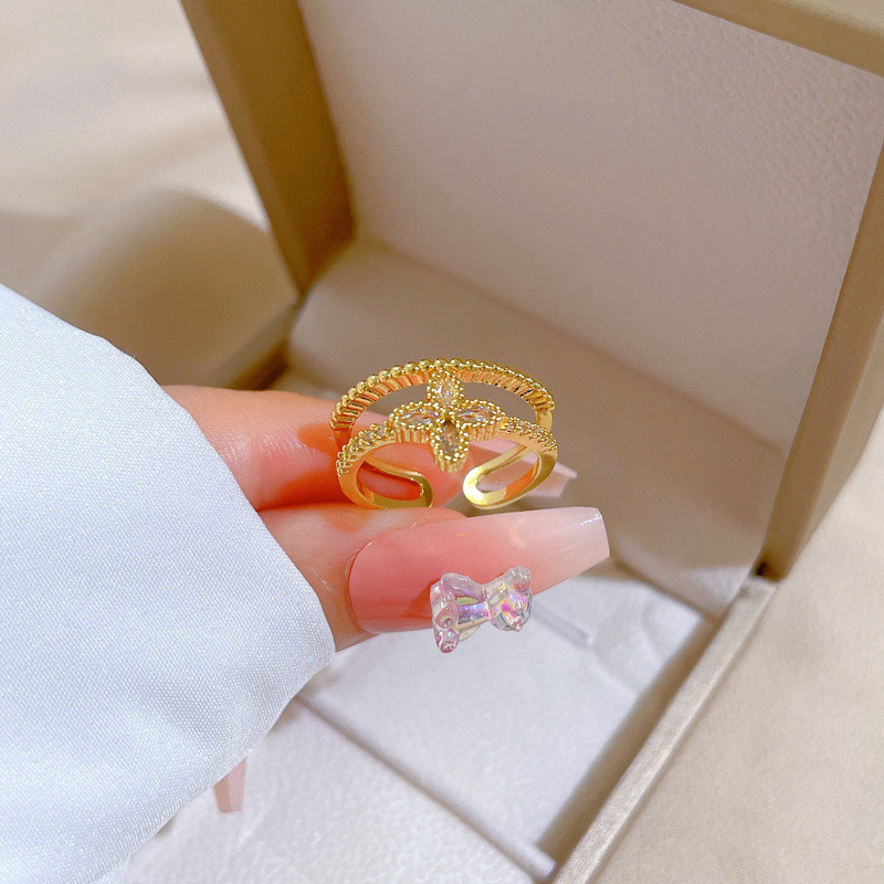 【Real Gold Plating】Open Double Layer Women's Fashion Micro Inlay Light Luxury Ring Index Finger Ring Internet Celebrity Same Style Minimalist Style